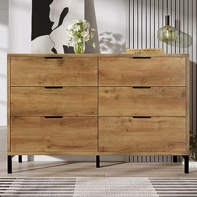 Image of Merax Sideboard, Bedroom Chest of Drawers with 6 Drawers, Storage Cabinet for Living Room, Hallways, Vintage Kitchen Cupboard, Dark Oak, 40 x 120 83