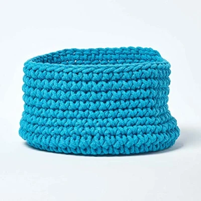 Image of HOMESCAPES Teal Blue Knitted Storage Basket Round W37 x H21cm 100% Cotton Fabric Toys Matching with Pouffes