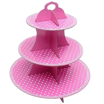 Image of AEX 3 Tier Cake Stand Cardboard Birthday Cupcake Stands For Afternoon Tea Biodegradable Round Food Display Dessert Holder Pink Polka Dot
