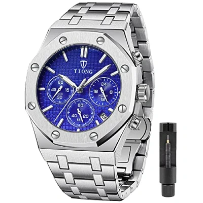 Image of Tiong Mens Watches Chronograph Stainless Steel Waterproof Date Analog Quartz Watch Business Casual Fashion Wrist for Men, CHX01 Silver Blue, Watch,Chronograph