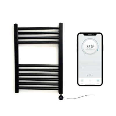 Image of Greened House Matt Black Electric Smart WiFi Controlled Heated Towel Rail 500mm W x 600mm H 7 Day Programmable Timer App Compatibility