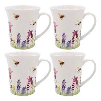 Image of Lesser &amp; Pavey Set of 4 British Designed Coffee Mug Ceramic Mugs for Home or Work Large Hot Drinks Lavender Bees Tea and Cups Jennifer Rose Gallery