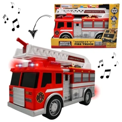 Image of Mighty Wheels Steel Fire Truck Toy 10&quot; Large Free wheeling with Sounds and Lights Movable Ladder Durable Plastic Engine Toys for 3+ Year Old Boys Girls