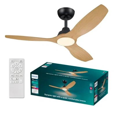 Image of Philips Olas Ceiling Fan, 3 Blades, 24W LED Light, DC Motor, Color Temperature Range (3000K 4300K 6500K) with Dimmable Function, Remote Included, 52&quot;, black and wood
