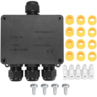 Image of IP68 Waterproof Junction Box, 4 Way Outdoor Electrical Cable Connectors, External Wire Box with M25 Gland for 14 mm Diameter Cable, Black