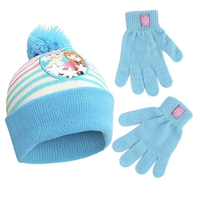 Image of Disney Girls&#039; Frozen Winter Hat and Kids Gloves Set, Elsa Anna Beanie for Ages 4 7 Accessory, Blue/White, Years