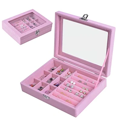 Image of Jewellery Box Organiser 9 Grids Jewelry Storage Case, Velvet Lockable Organiser, Removal Tray, Ring Slot, Display Tray for Rings Earrings Necklace Pink