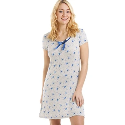 Image of Camille Womens Short Sleeved Nightdress Ladies Length Blue Floral Nightie Comfortable &amp; Breathable Summer Nightwear with Satin Bow Grey 18 20