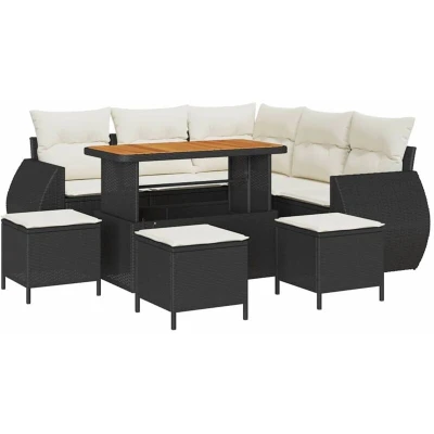 Image of vidaXL 9 Piece Garden Sofa Set with Cushions Black Poly Rattan Acacia