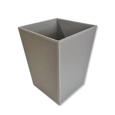 Image of OSCO Grey Faux Leather Waste Bin Square Height 28.5 cm Diameter 23 Trash Can Paper Basket Recycling Container Office Home Bathroom