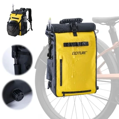 Image of Goture 3 IN 1 Bike Pannier Bag 25L Fishing Tackle With Exhaust Valve, 500D PVC Rolltop Closure Backpack, Bicycle Backpack Stowable Mesh Pocket for Bicycles, Fishing, Kayaking, Boating(Yellow)