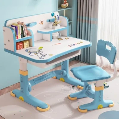 Image of gibxiyza Kids Desk and Chair Set Height Adjustable Children School Study Toddler Widened Desktop, Bookstand Storage Drawer Cartoon Pattern Multi Separation Blue