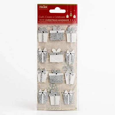 Image of Silver White Glitter Presents Christmas Craft Decorations (Pack of 12)