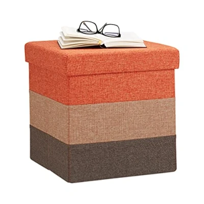 Image of Relaxdays Padded Storage Ottoman, Colourful, Striped Seat, Folding Footstool HWD: 38 x cm, Orange Brown, Polyester