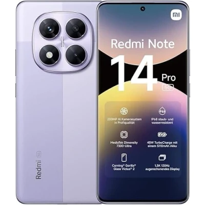 Image of xiaomi Redmi Note 14 pro 5G smartphone, 12+512GB, Lavender Purple, 200MP grade AI camera, IP68, 45W turbo charging with 5110mAh battery, features (no charger included), 2 year Warranty