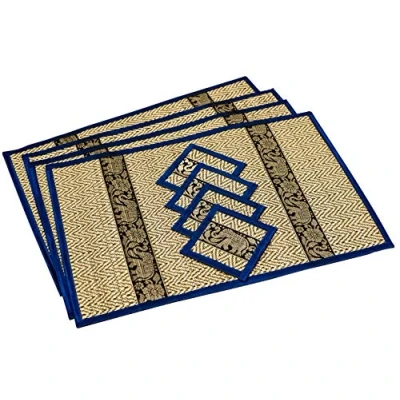 Image of Hand Woven Wicker Reed Placemats Coaster Set Eco Friendly Alternative to Plastic Heat Resistant Thai Style Durable Easy Clean for Dining Table of 4 (Large ST Navy Blue)