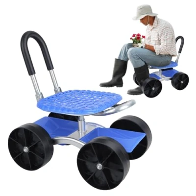 Image of yoakaiax Garden Cart Rolling Workseat with Wheels, Work Seat Height Adjustable Gardening Stool for Planting, 360 Degree Swivel Seat, Steering Handle &amp; Tool Tray Blue