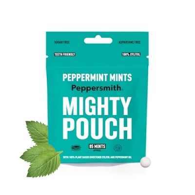 Image of Peppersmith British Peppermint Mints 100% Plant Based Xylitol Freshens Breath Natural Flavours Sugar Free Benefits Oral Health Mighty Box 100