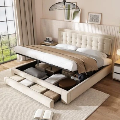 Image of ModernLuxe King Size Bed Frame, Fashion Upholstered Ottoman Bed, 5FT Frame with Storage, Slats and Headboard, Hydraulic Drawers, No Mattress, Cream Velvet Fabric 150x200cm