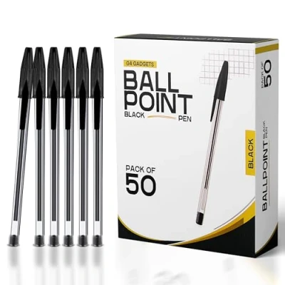 Image of G4GADGET Pack of 50 Medium Tip Fluent Smooth Writing Black Biro Ballpoint Pens