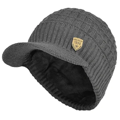 Image of Yixda Men&#039;s Winter Hat with Peak Warm Knitted Beanie Cap Fleece Lining, gray, One Size