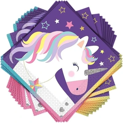 Image of Multicolor Stars &amp; Unicorn Luncheon Paper Napkins (16cm) Pack of 16 Perfect for Enchanting Dining Experience