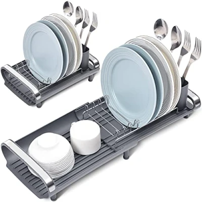 Image of KINGRACK Small Dish Drainer, Expandable Drainer Rack, Rack With Removable Cutlery Holder, Anti Rust Sink Draining Board For Kitchen Counter, Grey