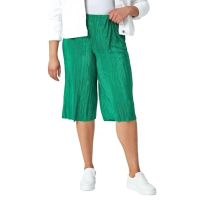 Image of Roman Curve Stretch Plisse Culotte Trousers for Women UK Ladies Spring Everyday Summer Holiday Waist Soft Pull On Comfy Lightweight Fabric Pants Desk Dinner Bottoms Green Size 20