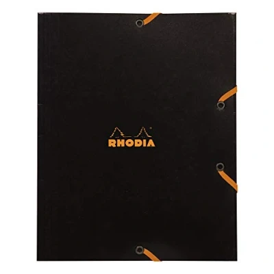 Image of RHODIA 19249C Elastic Folder Cardboard Pocket with 3 Black Flaps 19x24 cm Resistant Coated Card Office Storage and Document Filing A5 Format