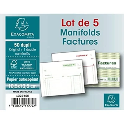 Image of Exacompta Ref 13279SE Manifolds Invoices (50 Sheets) A5 (210 x 148mm) in Size, Carbonless Duplicate Sheets, Tamper Proof Numbering Micro Perforated, Reinforced Back Pack of 5