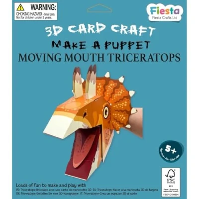 Image of Fiesta Crafts Triceratops 3D Dinosaur Hand Puppet Craft Kit Colourful &amp; Easy to Assemble Dino Complete Arts and Set Improve Motor Skills, Creativity, Imagination
