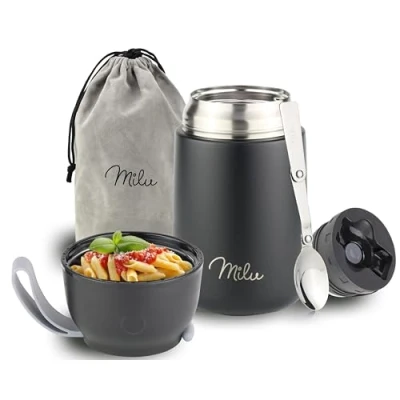 Image of Milu® Thermo Food Flask 300, 440, 450, 650, 800ml Stainless Steel Insulated Container Lunchbox Jar with Spoon for hot and Cold (Black, 650ml)