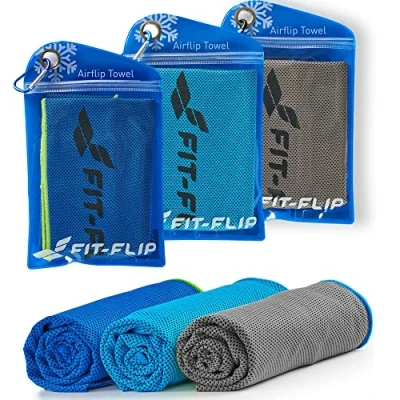 Image of Fit Flip Set of 3 Cooling towel cool down microfibre ice for sport and sweat stay Airflip neck cold (dark blue green/grey blue/blue dark blue, 100x30cm)