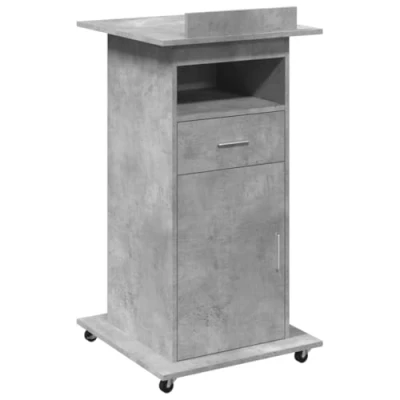 Image of vidaXL Concrete Grey Lectern with Wheels &amp; Drawer, Engineered Wood, 55x55x107 cm, Tiltable Desktop, Ample Storage, and Baffle Design for Presentations