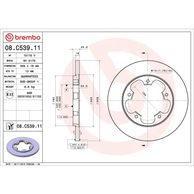 Image of 1815599, 2226519, BK312A315AB, KK312A315AA Brake disc BREMBO 08.C539.11 308mm 16mm 5 solid Coated FORD: Transit Mk7 Platform / Chassis