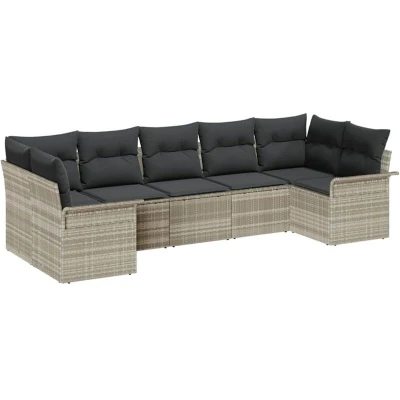 Image of vidaXL 7 Piece Garden Sofa Set with Cushions Light Grey Poly Rattan