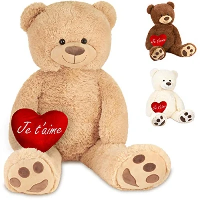 Image of BRUBAKER XXL Teddy Bear 40 Inches (100 Cm) Beige With a Je T&#039;aime Heart Soft Toy Cuddly