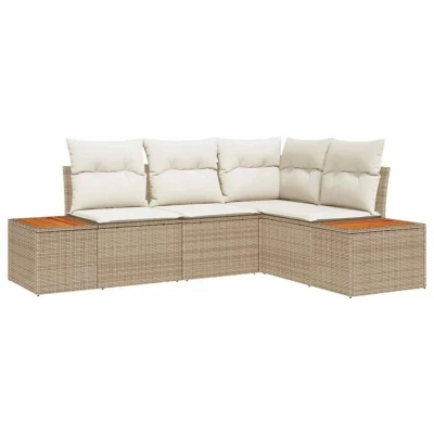 Image of vidaXL 4 Piece Garden Sofa Set with Cushions Beige Poly Rattan Acacia