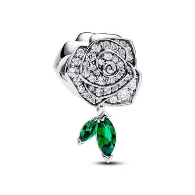 Image of Pandora Moments Rose sterling silver charm with clear cubic zirconia and royal green crystal