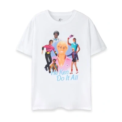 Image of Barbie Ken Mens T Shirt Adults Classic Short Sleeve Graphic Tee in White He Do It All Doll Toy Movie Apparel Top Novelty Fashion Crewneck Merchandise Gift