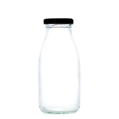 Image of 250ml Glass Milk Bottle &amp; Lid for Raw Juice Small Milkshake Wedding Favours (43mm Neck) (Black Lid, Pack of 36)