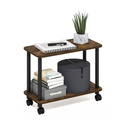 Image of Furinno Turn N Tube Modern Rectangle End Table, Side Table with Casters, Amber Pine/Black