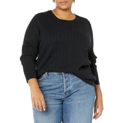 Image of Amazon Essentials Women&#039;s Lightweight Long Sleeved Cable Crewneck Sweater (Available in Plus Size), Black, L