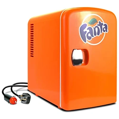 Image of Coca Cola Fanta Mini Fridge For Bedrooms 4L Small 6 Can Table Top Quiet Fridges Skincare Food Drinks Kids Home Car &amp; Travel 12v Portable Cooler Warmer Refrigerator, Orange