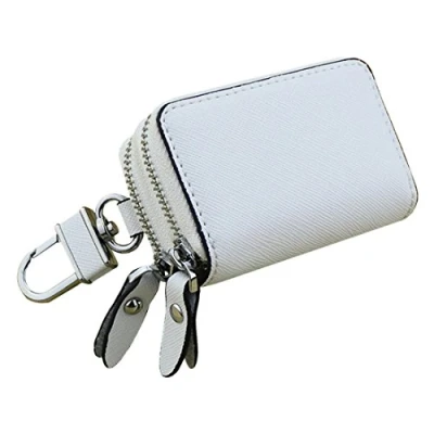 Image of Esdrem Unisex Genuine Leather Key Case Holder Double Zipper Car Keychain Wallet Coin Purse White