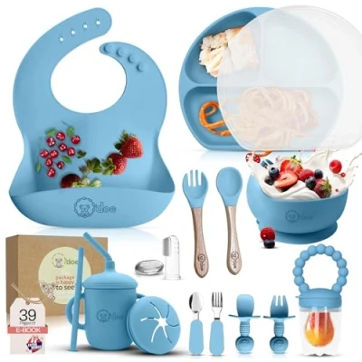 Image of O&#039;doe 17 Piece Baby Led Weaning Feeding Supplies for Toddlers, Set Suction Silicone Bowl Self Eating Utensils with Spoons, Bibs, Sippy Cup, Food Plate Kit Lid Blue V2