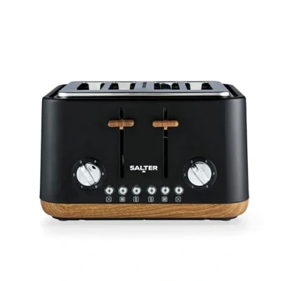Image of Salter EK5823BLK Toronto 4 Slice Toaster Wide Slots, 6 Browning Levels, Removable Crumb Tray, Defrost, Reheat, Cancel, Self Centring Function, High Lift Eject, 1630 W, Wood Effect/Black, Plastic