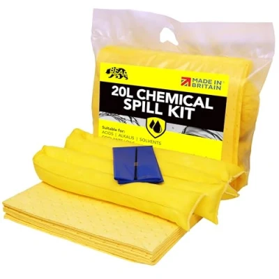 Image of 20L Spill Kits (Chemical) UK Manufactured, Yellow, Use For Spills Involving Aggressive Chemicals, Acids, Alkalis, Indoor/Outdoor On the go bag