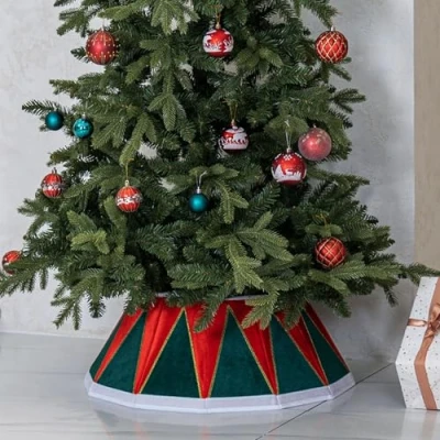 Image of Taylor &amp; Brown Drum Christmas Tree Skirt Red and Green with White Trim Stand Base Xmas Natural Folding Collar Basket Cover Decoration Tidy Home Decor 68 x 25cm
