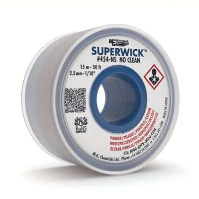Image of MG Chemicals 454 NS Desoldering Braid #4 No Clean Super Wick Braid, 0.1&quot; Width x 50&#039; Length, Blue